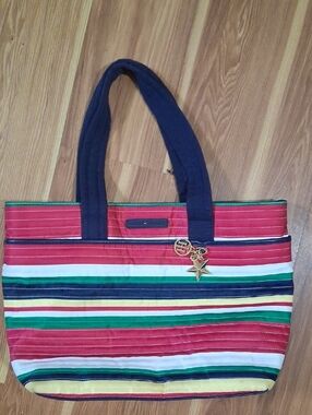 Tommy Hilfiger Red, Green & Navy Striped Tote with Gold Charm